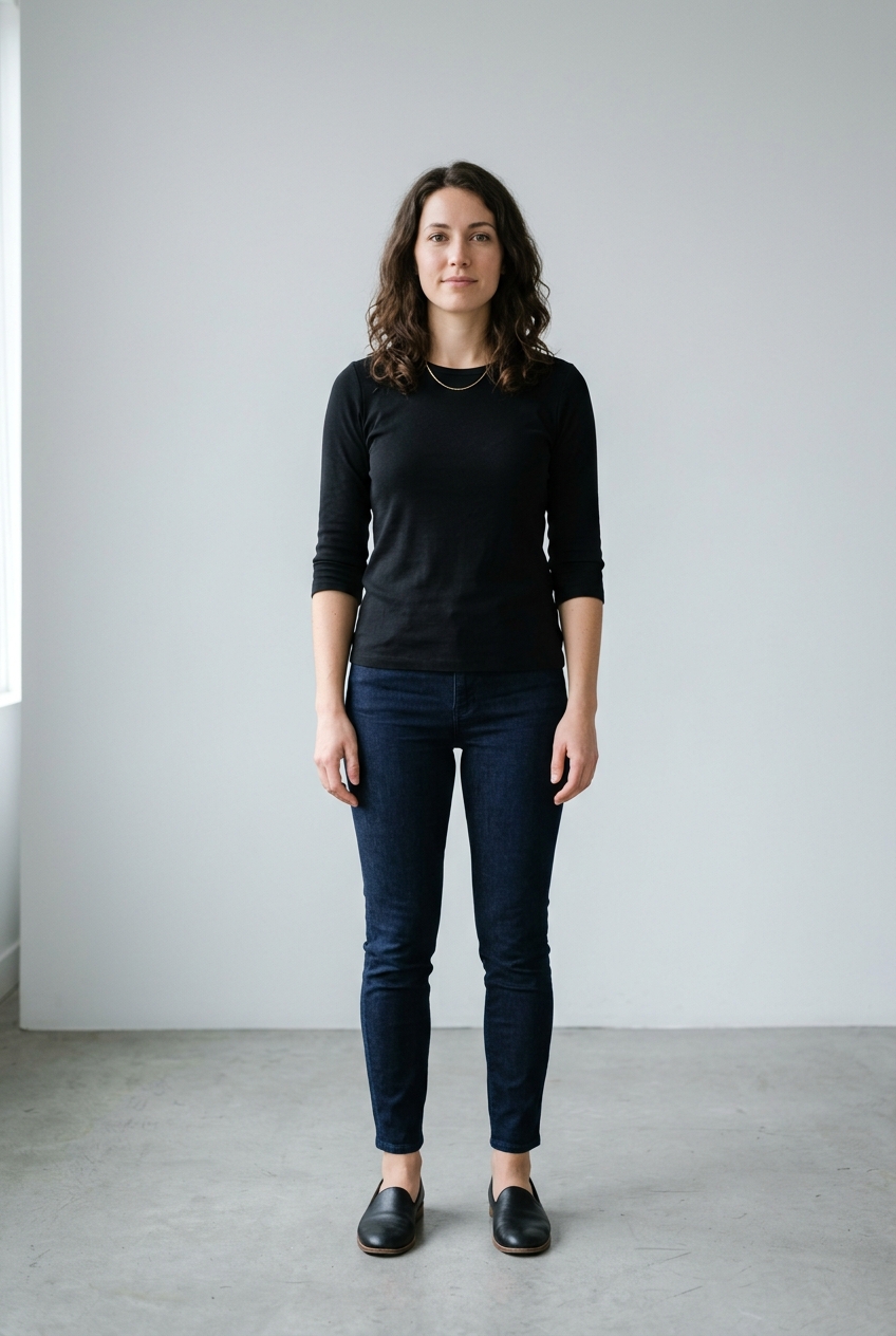 Example of a good photo: full length, standing straight, facing the camera, shoes in frame (AI-generated model)